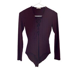 Maitai deep red bodysuit long sleeved lace up vneck casual comfortable top